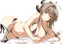 Rule 34 | 10s, 1girl, amagi brilliant park, antenna hair, areola slip, arm support, bare shoulders, bikini, black bikini, blush, bow, breasts, brown eyes, brown hair, cleavage, covered erect nipples, curvy, eyebrows, hair bow, hair ribbon, inue shinsuke, large breasts, long hair, looking at viewer, lying, micro bikini, navel, nipples, on side, parted lips, ponytail, ribbon, see-through, sento isuzu, shiny skin, side-tie bikini bottom, skindentation, solo, stomach, strap gap, swimsuit, thighhighs, white thighhighs, wide hips