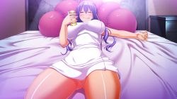 Rule 34 | 1girl, bed, beer, blush, breasts, can, censored, cigarette, clenched teeth, closed eyes, game cg, highres, holding, indoors, izumi kirika, kanzen jikan teishi, large breasts, legs, long hair, lying, mosaic censoring, mouth hold, nude, on back, on bed, pillow, purple hair, pussy, sleeping, smile, smoking, solo, teeth, thighs, towel, uo denim