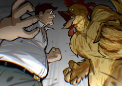 Rule 34 | 2boys, belt, black belt, brown hair, cleft chin, clenched hand, collared shirt, ernie the giant chicken, family guy, fat, fat man, fighting, glasses, green pants, hado (zzzhadozzz), highres, male focus, multiple boys, pants, peter griffin, round eyewear, shirt, short hair, very short hair, white shirt