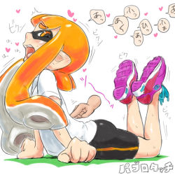 Rule 34 | 1girl, bike shorts, blush, heart, inkling, inkling girl, inkling player character, kabeu mariko, long hair, monster girl, nintendo, no socks, orange hair, pointy ears, poking, shoes, short hair with long locks, simple background, sneakers, solo, splatoon (series), splatoon 1, sweat, tentacles, translation request, twintails, uncommon stimulation, white background
