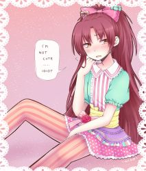 Rule 34 | 10s, 1girl, bad id, bad pixiv id, blush, border, bow, embarrassed, english text, frills, hair bow, highres, lace, lace border, long hair, mahou shoujo madoka magica, mahou shoujo madoka magica (anime), niso, niso the strawberry, open mouth, orange eyes, ornate border, pantyhose, pink background, ponytail, red hair, sakura kyoko, shirt, skirt, solo, speech bubble, striped clothes, striped pantyhose, vertical-striped clothes, vertical-striped pantyhose, very long hair