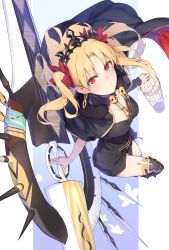 Rule 34 | 1girl, asymmetrical sleeves, birdcage, black dress, blonde hair, blue background, blush, border, breasts, cage, cape, cleavage, closed mouth, dress, earrings, enosan, ereshkigal (fate), fate/grand order, fate (series), gold trim, highres, hip focus, hoop earrings, jewelry, long hair, looking at viewer, looking up, parted bangs, red cape, red ribbon, ribbon, skull, small breasts, smile, solo, spine, thighs, tiara, tohsaka rin, two side up, uneven sleeves, weapon, white border