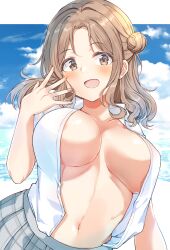 Rule 34 | 1girl, :d, absurdres, blush, breasts, brown eyes, brown hair, cleavage, cloud, cloudy sky, collarbone, day, grey skirt, hair bun, hand up, highres, ichikawa hinana, idolmaster, idolmaster shiny colors, large breasts, long hair, navel, no bra, open clothes, open mouth, open shirt, outdoors, outside border, parted bangs, plaid, plaid skirt, pleated skirt, shiitake taishi, shirt, short sleeves, single hair bun, single side bun, skirt, sky, smile, solo, stomach, upper body, white shirt