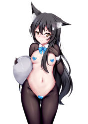 Rule 34 | 1girl, animal ear fluff, animal ears, black gloves, black hair, black pantyhose, blue bow, blue bowtie, blush, bow, bowtie, breasts, brown eyes, chrisandita, closed mouth, copyright request, cowboy shot, fox ears, fox girl, fox hair ornament, frown, gloves, heart pasties, highres, holding, holding tray, long hair, looking at viewer, maebari, meme attire, navel, nose blush, pantyhose, pasties, reverse bunnysuit, reverse outfit, shrug (clothing), simple background, single sidelock, small breasts, solo, stomach, thigh gap, tray, twitter username, very long hair, white background, wrist cuffs