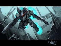 bottoms1237 dual_wielding flying glowing gun highres holding holding_gun holding_weapon letterboxed mecha motion_blur no_humans original robot science_fiction solo visor weapon