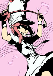 Rule 34 | 10s, 1girl, baton, conductor baton, club3, dress, hat, high contrast, jakuzure nonon, kill la kill, musical note, pink hair, shako cap, sidelocks, smile, solo, uniform