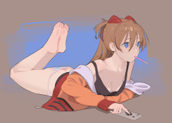 Rule 34 | 1girl, ass, barefoot, blue eyes, breasts, brown hair, butt crack, cleavage, controller, feet, feet up, food, food in mouth, full body, hair between eyes, hair ornament, jacket, long hair, lying, medium breasts, mouth hold, neon genesis evangelion, no pants, off shoulder, on stomach, panties, pocky, remote control, simple background, soles, solo, souryuu asuka langley, strap slip, string panties, striped clothes, striped panties, the pose, timbougami, toes, underwear