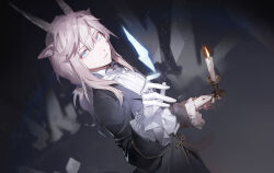 Rule 34 | 1girl, alternate costume, animal ears, arknights, ascot, blue eyes, candle, candlestand, commentary, earthspirit (arknights), english commentary, formal, gloves, goat ears, goat girl, goat horns, happy birthday, highres, holding, holding candle, horns, hug (yourhug), solo, suit, white gloves