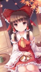 Rule 34 | 1girl, animal, animal on lap, ascot, bare shoulders, bow, brown eyes, brown hair, cat, cat on lap, commentary request, cup, detached sleeves, frilled shirt collar, frilled skirt, frills, hair bow, hair tubes, hakurei reimu, highres, long hair, looking at viewer, lzh, nontraditional miko, on lap, porch, red skirt, ribbon-trimmed sleeves, ribbon trim, sitting, skirt, skirt set, solo, sweatdrop, touhou, wide sleeves, yellow ascot, yunomi