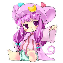 Rule 34 | 1girl, animal ears, baby, barefoot, bloomers, blush, bow, capelet, cat ears, cat girl, cat tail, chibi, crescent, dress, feet, female focus, hair bow, hat, kemonomimi mode, monkey ears, monkey tail, outstretched arms, patchouli knowledge, purple dress, purple eyes, purple hair, sitting, solo, tail, takara akihito, touhou, underwear