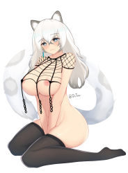 Rule 34 | 1girl, absurdres, animal ears, arknights, artist name, between legs, black thighhighs, blush, breasts, breasts squeezed together, chinese commentary, cleavage, closed mouth, dutou, earrings, fishnets, full body, genderswap, genderswap (mtf), grey eyes, grey hair, hair between eyes, hand between legs, highres, jewelry, jojo no kimyou na bouken, large breasts, large tail, leopard ears, leopard tail, light smile, long hair, looking at viewer, multicolored hair, navel, nipples, no panties, revealing clothes, sagging breasts, silverash (arknights), simple background, single earring, sitting, skindentation, smile, solo, streaked hair, tail, thighhighs, thighs, twitter username, two-tone hair, vento aureo, wariza, white background