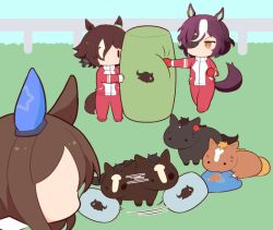 Rule 34 | 3girls, admire japan (racehorse), admire vega (umamusume), afterimage, animal ears, boxing gloves, brown hair, commentary, creature and personification, ear covers, ear ornament, eyepatch, fence, flower, gloves, gomashio (goma feet), hair over one eye, head on pillow, holding, horse, horse ears, horse girl, horse print, horse tail, light brown hair, long sleeves, minimized, motion lines, multiple girls, one eye covered, outdoors, real life, red flower, red gloves, red track suit, shaking head, short hair, single ear cover, sweatdrop, tail, tanino gimlet (racehorse), tanino gimlet (umamusume), umamusume, vodka (umamusume), white hair, yellow eyes, yogibo, | |