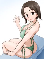 Rule 34 | 1girl, ass, back, bikini, breasts, brown eyes, brown hair, butt crack, commentary, from side, girls und panzer, green bikini, halterneck, highres, looking at viewer, looking back, medium breasts, open mouth, parted bangs, sawa azusa, short hair, side-tie bikini bottom, sitting, smile, solo, string bikini, swimsuit, waving, yass hero