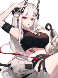 Rule 34 | 1girl, absurdres, arknights, arm strap, arm up, armpits, black shirt, breasts, hand on own chest, highres, horns, large breasts, leria v, looking at viewer, midriff, mudrock (arknights), parted lips, red eyes, shirt, simple background, white background, white hair