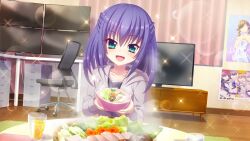 Rule 34 | 1girl, aqua eyes, black shirt, blue hair, bowl, cabinet, collarbone, cup, dot nose, drinking glass, film grain, flat screen tv, food, food request, game cg, grey hoodie, group name, holding, holding bowl, honjou kasumi, hood, hoodie, incoming food, izumi tsubasu, juice, looking at viewer, medium hair, monitor, mushroom, non-web source, official art, open mouth, orange juice, pink curtains, poster (object), re:stage!, round table, rug, shiitake, shirt, smile, solo, sparkle, swivel chair, table, television, vegetable, wooden floor, zipper