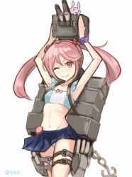 Rule 34 | &gt;;), 10s, 1girl, :&lt;, ;), anchor, arms up, ashiya hiro, badge, bikini, rabbit, chain, collarbone, hair bobbles, hair ornament, kantai collection, machinery, navel, one eye closed, pink eyes, pink hair, pink ribbon, pleated skirt, ribbon, sazanami (kancolle), scrunchie, short hair, simple background, skirt, smile, solo, swimsuit, torpedo, turret, twintails, v-shaped eyebrows, white background, wrist scrunchie, | |