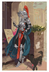 Rule 34 | 1girl, armor, armored boots, blue cape, boots, breastplate, building, cape, couter, dog, helmet, holding, holding paper, leaning back, looking at object, original, paper, pauldrons, plume, red tabard, shoulder armor, sidelocks, silver hair, sssttt, stairs, standing, tabard, vambraces