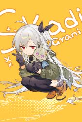 Rule 34 | 1girl, ahoge, arknights, black gloves, black ribbon, black shirt, black thighhighs, boots, breasts, character doll, character name, expressionless, gloves, grani (arknights), green jacket, grey hair, grey shorts, hair ribbon, highres, holding, holding stuffed toy, jacket, long hair, medium breasts, niko (nikooo2016), official alternate costume, one side up, open clothes, open jacket, red eyes, ribbon, shirt, shorts, skadi (arknights), skadi (the next afternoon tea) (arknights), solo, squatting, stuffed toy, thighhighs, v, very long hair, yellow background, yellow footwear