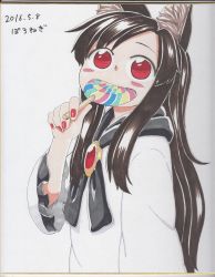 Rule 34 | 1girl, aged down, black hair, black ribbon, blush stickers, candy, child, commentary request, dated, dress, eating, food, gem, holding, holding candy, holding food, holding lollipop, imaizumi kagerou, lollipop, long hair, long sleeves, looking at viewer, nail polish, open mouth, photo (medium), poronegi, red eyes, red nails, ribbon, signature, smile, solo, standing, touhou, traditional media, very long hair, white dress
