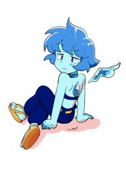Rule 34 | 1girl, back, blue eyes, blue hair, blue pants, blue skin, closed mouth, colored skin, commentary request, crop top, gem, lapis lazuli (steven universe), liquid wings, looking down, nano8, pants, sandals, short hair, signature, simple background, sitting, solo, steven universe, white background, yellow footwear