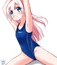 Rule 34 | 1girl, arena (company), armpits, arms up, blue one-piece swimsuit, breasts, commentary request, competition swimsuit, covered navel, highres, one-piece swimsuit, original, purapechinu, signature, simple background, sitting, small breasts, solo, stretching, swimsuit, white background