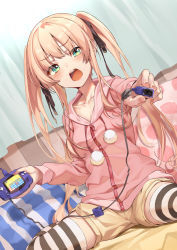 Rule 34 | 1girl, black ribbon, blonde hair, blush, breasts, brown shorts, collarbone, commentary request, curtains, game boy advance, game link cable, green eyes, hair ribbon, handheld game console, hands up, highres, hood, hood down, hoodie, kabu (niniko2ko), long hair, mega man (series), mega man battle network (series), open mouth, original, pillow, pink hoodie, ribbon, short shorts, shorts, sitting, small breasts, solo, striped clothes, striped pillow, striped thighhighs, teeth, thighhighs, twintails, upper teeth only, wariza, zipper
