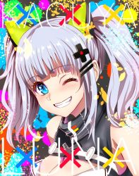 Rule 34 | 1girl, :d, animal ears, blue eyes, blush, breasts, cat ears, cleavage, cleavage cutout, clothing cutout, grey hair, grin, hair ornament, hairclip, hoshi san 3, kaguya luna, looking at viewer, medium hair, multicolored background, one eye closed, open mouth, smile, solo, the moon studio, twintails, upper body, virtual youtuber