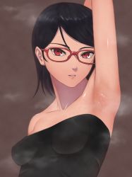 Rule 34 | 1girl, absurdres, arm up, armpit lips, armpits, bad id, bad pixiv id, bare shoulders, black dress, black hair, boruto: naruto next generations, breasts, brown background, collarbone, commentary, dress, glasses, hair between eyes, highres, looking at viewer, messy hair, mil k vanilla, naruto, naruto (series), parted lips, presenting armpit, red-framed eyewear, sharingan, short hair, simple background, sleeveless, sleeveless dress, small breasts, solo, strapless, strapless dress, sweat, uchiha sarada, very sweaty