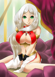 Rule 34 | 1girl, bare shoulders, breasts, character request, criss-cross halter, gamushiro (souren), green eyes, halterneck, halterneck, large breasts, long hair, looking at viewer, lord of vermilion, midriff, navel, silver hair, sitting, smile, solo, underboob, wariza