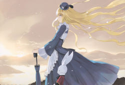 Rule 34 | 1girl, absurdres, alice (alice in wonderland), alice in wonderland, blonde hair, closed umbrella, cloud, dress, feathers, hat, highres, long hair, parasol, planted, planted umbrella, sky, solo, ueda ryou, umbrella, white rabbit (alice in wonderland)