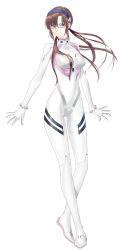 Rule 34 | 1girl, blue eyes, bodysuit, breasts, brown hair, commentary, covered navel, crossed legs, evangelion: 3.0+1.0 thrice upon a time, full body, glasses, hairband, highres, long hair, looking at viewer, makinami mari illustrious, medium breasts, neon genesis evangelion, plugsuit, rebuild of evangelion, red-framed eyewear, seoh (user danr5338), smile, solo, standing, swept bangs, twintails, white background, white bodysuit