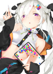 Rule 34 | 1girl, bare shoulders, black jacket, breasts, color tile, commentary request, crop top, hair over one eye, hair ribbon, highres, holding, jacket, kani biimu, long hair, long sleeves, looking at viewer, medium breasts, nanase taira, navel, off shoulder, open clothes, open jacket, parted lips, pink eyes, ribbon, shirt, silver hair, sleeveless, sleeveless shirt, solo, stomach, stylus, tablet pc, triangle mouth, twintails, upper body, white background, white shirt, x-ray