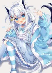 Rule 34 | 1girl, aged down, ahoge, animal ear fluff, animal ears, asymmetrical legwear, blue dress, blue eyes, blue heart, blue jacket, blue nails, blush, braid, commentary request, dress, earrings, fox ears, fox girl, fox tail, hair between eyes, hair ornament, hairclip, highres, hololive, jacket, jewelry, knees up, long hair, looking at viewer, menghuany52, name tag, open clothes, open jacket, open mouth, pinafore dress, shirakami fubuki, shirt, sidelocks, simple background, single braid, sitting, sleeveless, sleeveless dress, solo, striped clothes, striped thighhighs, tail, thighhighs, two side up, virtual youtuber, white background, white hair, white shirt