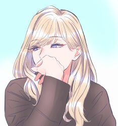 Rule 34 | 1girl, blonde hair, blue background, brown sweater, commentary request, gradient background, highres, long hair, long sleeves, looking to the side, original, purple eyes, solo, sweater, upper body, white background, yuri kyanon