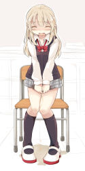 Rule 34 | 1girl, black socks, black vest, blonde hair, blush, bow, bowtie, chair, chalkboard, classroom, closed eyes, embarrassed, female focus, flat chest, full body, grey skirt, have to pee, highres, indoors, kamome shop, kneehighs, knees together feet apart, long hair, long sleeves, miniskirt, nose blush, open mouth, original, peeing, peeing self, plaid, plaid skirt, pleated skirt, puddle, red bow, red bowtie, shirt, shoes, skirt, socks, solo, standing, tears, vest, wet, wet clothes, white footwear, white shirt