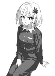 Rule 34 | 1girl, aki shizuha, bright pupils, buttons, commentary, greyscale, hair ornament, leaf, leaf hair ornament, long sleeves, looking at viewer, maple leaf, monochrome, onkn sxkn, parted lips, pocket, shirt, short hair, simple background, sitting, skirt, solo, touhou