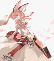 Rule 34 | 1girl, animal ears, belt buckle, blue eyes, breasts, bridal veil, buckle, cleavage, clover, dress, earrings, elphelt valentine, fake animal ears, flower, found modori, four-leaf clover, gloves, guilty gear, guilty gear xrd, gun, hairband, handgun, highres, holding, holding weapon, jewelry, large breasts, open mouth, petals, pink hair, pink ribbon, rabbit ears, ribbon, rose, short hair, simple background, solo, spiked hairband, spikes, veil, weapon, white background, white dress, white gloves, white headwear