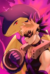 Rule 34 | 1boy, bakugou katsuki, bara, black shirt, blonde hair, boku no hero academia, choker, creatures (company), crossover, domino mask, donnaoneone, explosive, eye mask, fire, game freak, gloves, grenade, hand up, hisuian typhlosion, large pectorals, looking at viewer, male focus, mask, muscular, muscular male, nintendo, open mouth, pectoral cleavage, pectorals, pokemon, pokemon (creature), purple gloves, red eyes, shirt, short hair, sleeveless, sleeveless shirt, solo, spiked hair, superhero costume, taut clothes, taut shirt, thumbs down, upper body, vambraces