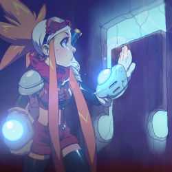 Rule 34 | 1girl, album cover, armor, bandana, breasts, cover, cryamore, cryamore condenser, detached sleeves, esmyrelda maximus, freckles, gloves, glowing, goggles, goggles on head, long hair, midriff, official art, orange hair, over shoulder, pauldrons, robaato, shorts, shoulder armor, sidelocks, solo, spiked hair, suspenders, sword, sword over shoulder, thighhighs, weapon, weapon over shoulder, white gloves