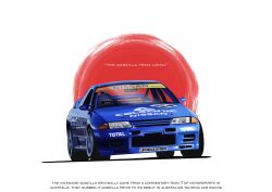 Rule 34 | 1boy, blue headwear, bridgestone, car, commentary, driving, english commentary, english text, helmet, highres, japan, japanese flag, motor vehicle, nissan skyline, nissan skyline gt-r, nissan skyline r32, race vehicle, racecar, real life, right-hand drive, sei illustrations, solo, spoiler (automobile), super gt, vehicle focus