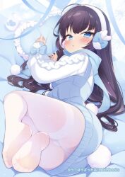 Rule 34 | 1girl, :o, ass, black hair, blue eyes, blue theme, blush, commentary, copyright notice, dress, earmuffs, feet, indoors, long hair, long sleeves, looking at viewer, lying, msp sammy, no nose, on bed, on side, open mouth, original, panties, pantyhose, rabbit tail, shirt, solo, straight hair, sweater, sweater dress, tail, tsurime, underwear, white panties, white pantyhose, white shirt