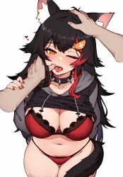 Rule 34 | 1boy, 1girl, animal ear fluff, animal ears, black hair, black hoodie, blush, bra, breasts, clothes lift, collar, disembodied hand, drawstring, drooling, female pubic hair, finger in another&#039;s mouth, grey hoodie, hand on another&#039;s head, headpat, heart, highres, hololive, hood, hoodie, hoodie lift, large breasts, lingerie, long hair, multicolored hair, one eye closed, ookami mio, open mouth, panties, pubic hair, pubic hair peek, red bra, red hair, red panties, saliva, solo focus, spiked collar, spikes, streaked hair, tail, tongue, tongue out, underwear, variant set, varniskarnis, virtual youtuber, wolf ears, wolf girl, wolf tail