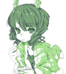 Rule 34 | 10s, 1girl, black rock shooter, cake, casual, curly hair, dead master, eating, food, green theme, horns, kugimiya atsuki, monochrome, simple background, solo