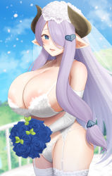 Rule 34 | 1girl, areola slip, bare shoulders, blue eyes, blue flower, blue rose, blurry, blurry background, blush, bouquet, bra, breasts, bridal veil, cleavage, commentary request, cowboy shot, elbow gloves, flower, garter belt, gloves, granblue fantasy, hair ornament, hair over one eye, heart, heart hair ornament, highres, horns, huge breasts, lace, lace-trimmed bra, lace trim, lingerie, long hair, looking at viewer, narmaya (granblue fantasy), open mouth, outdoors, panties, pointy ears, purple hair, rose, sideboob, sidelocks, solo, standing, thighhighs, thighs, underwear, underwear only, veil, very long hair, white garter belt, white gloves, white panties, yue (show-ei)