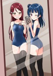 Rule 34 | 2girls, ;), bare arms, bare shoulders, black legwear, blue hair, blue one-piece swimsuit, blush, breasts, brown hair, cellphone, closed mouth, collarbone, competition school swimsuit, deadnooodles, fingernails, hair bun, highres, holding, holding phone, indoors, love live!, love live! sunshine!!, medium breasts, mirror, multiple girls, nose blush, one-piece swimsuit, one eye closed, parted lips, phone, purple eyes, red hair, reflection, sakurauchi riko, school swimsuit, side bun, single hair bun, single side bun, smile, standing, sweat, swimsuit, taking picture, thighhighs, tsushima yoshiko