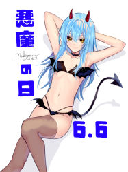 Rule 34 | 1other, armpits, arms behind head, black bra, black choker, black panties, blue hair, bra, brown eyes, brown thighhighs, choker, closed mouth, collarbone, dated, demon girl, demon tail, flat chest, from above, hair between eyes, hair intakes, highres, horns, long hair, looking at viewer, lying, navel, nukogami (minniecatlove21), on back, panties, rimuru tempest, signature, smile, solo, strapless, strapless bra, tail, tensei shitara slime datta ken, thighhighs, underwear, very long hair, white background