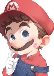 Rule 34 | 1boy, blue eyes, brown hair, collared shirt, dress shirt, facial hair, gloves, grey background, hand up, hat, highres, index finger raised, lipstick mark, lipstick mark on face, looking at viewer, male focus, mario, mario (series), mustache, nintendo, overalls, red hat, red shirt, ryota (ry o ta), shirt, short hair, signature, smile, solo, the super mario bros. movie, upper body, white gloves