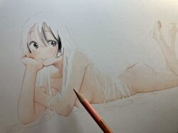 Rule 34 | 1girl, art tools in frame, black eyes, blush, breasts, colored pencil (medium), completely nude, fuyuno kamome, head rest, highres, hime cut, long hair, looking at viewer, lying, nude, on stomach, original, photo (medium), small breasts, smile, solo, traditional media, very long hair