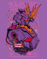Rule 34 | character name, commentary, english commentary, from side, gundam, gundam unicorn, highres, looking down, machinery, mecha, mobile suit, no arms, no humans, orange eyes, purple background, purple theme, robot, science fiction, solo, stunning warrior, unicorn gundam banshee, upper body, v-fin