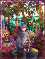 Rule 34 | 1boy, axis powers hetalia, bad id, bad pixiv id, blonde hair, blush, flower, garden, greenhouse, highres, looking at viewer, male focus, military, military uniform, pants, plant, potted plant, purple eyes, russia (hetalia), scarf, scenery, smile, solo, tobari yayoi, tree, uniform